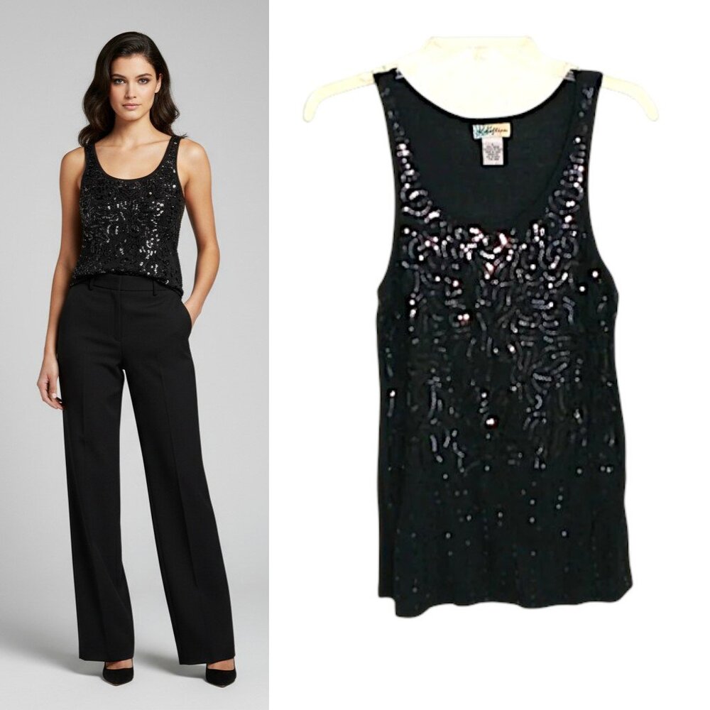 Rebellion Shimmy Sequin Front Tank Top Wmn's Sz L Black Stretch Knit Scoop Neck
